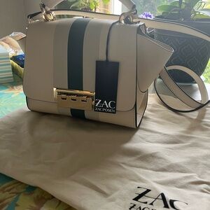 ZAC Zac Posen Cream with Blue StripesShoulder Bag with Gold Hardware